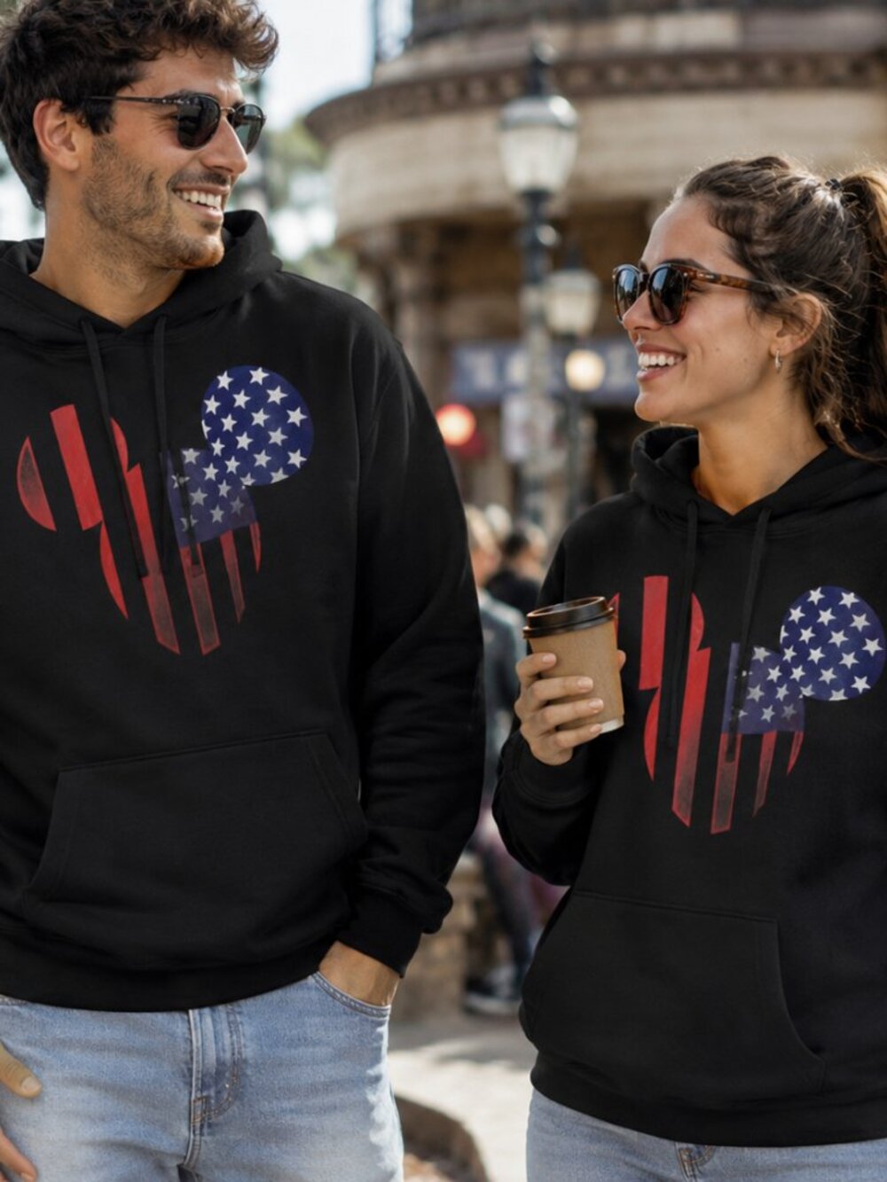Disney Mickey Mouse USA Flag Hoodie Black Pullover Adult XL NWOT